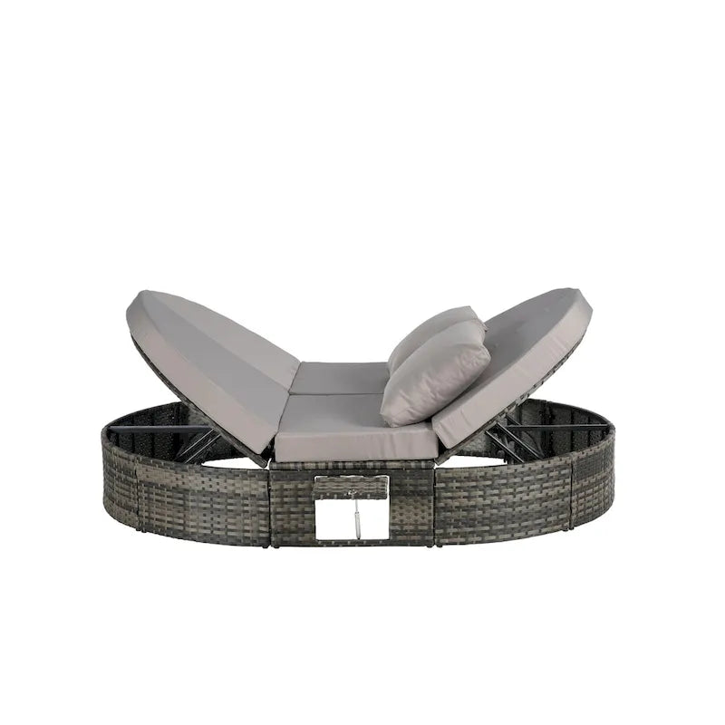 Lit de jour rond en rotin pour patio extérieur avec dossiers réglables et plateaux porte-gobelets pliables
