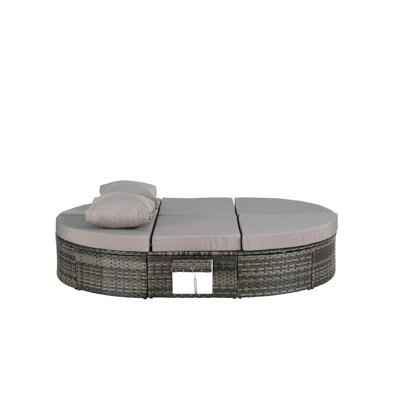 Lit de jour rond en rotin pour patio extérieur avec dossiers réglables et plateaux porte-gobelets pliables
