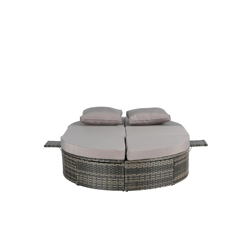 Lit de jour rond en rotin pour patio extérieur avec dossiers réglables et plateaux porte-gobelets pliables