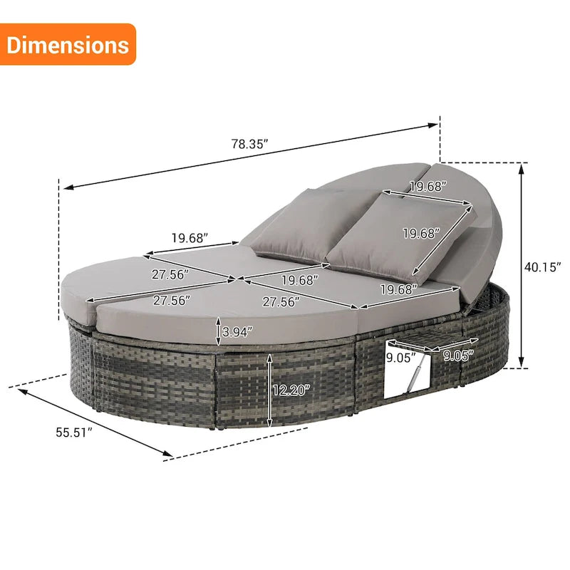 Lit de jour rond en rotin pour patio extérieur avec dossiers réglables et plateaux porte-gobelets pliables