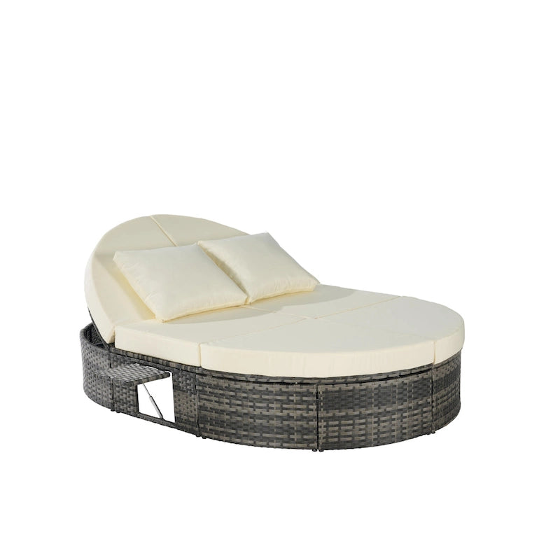 Lit de jour rond en rotin pour patio extérieur avec dossiers réglables et plateaux porte-gobelets pliables