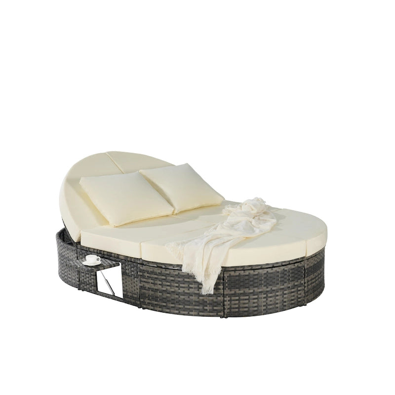 Lit de jour rond en rotin pour patio extérieur avec dossiers réglables et plateaux porte-gobelets pliables