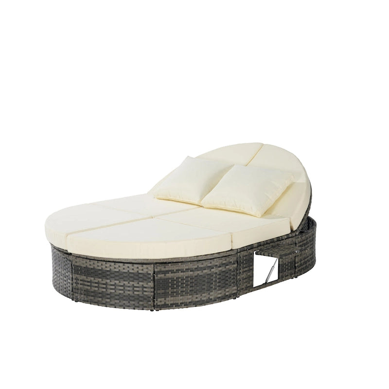 Lit de jour rond en rotin pour patio extérieur avec dossiers réglables et plateaux porte-gobelets pliables