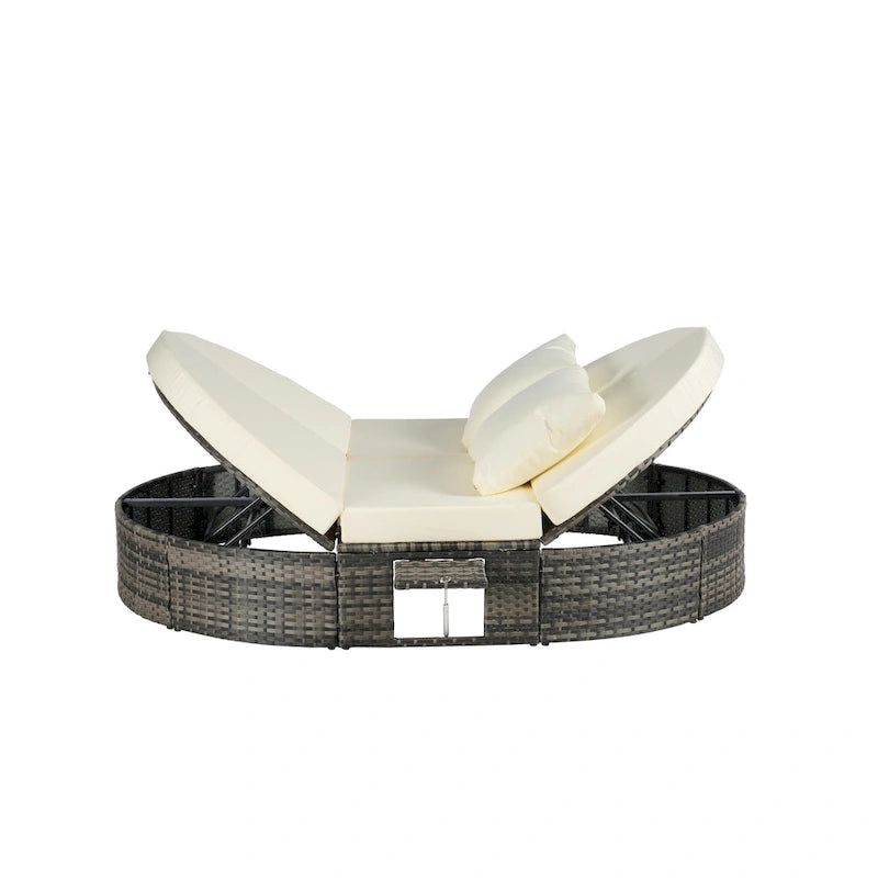 Lit de jour rond en rotin pour patio extérieur avec dossiers réglables et plateaux porte-gobelets pliables
