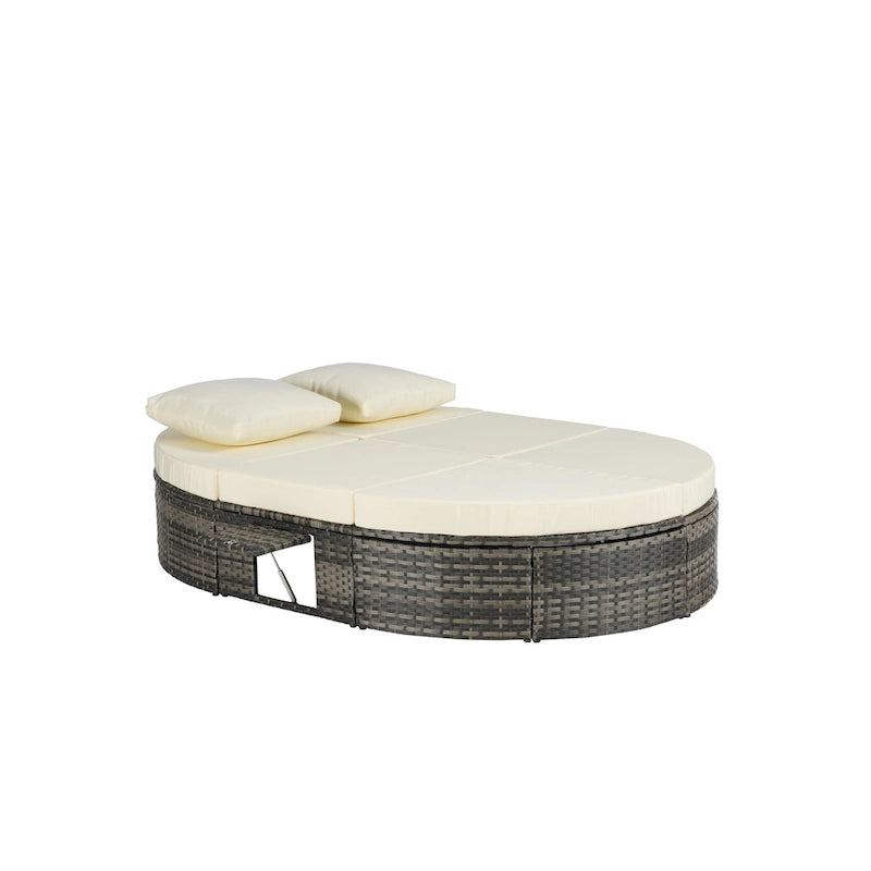 Lit de jour rond en rotin pour patio extérieur avec dossiers réglables et plateaux porte-gobelets pliables