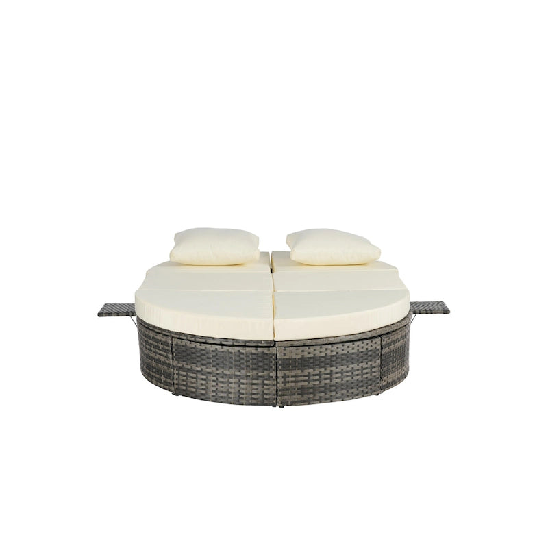 Lit de jour rond en rotin pour patio extérieur avec dossiers réglables et plateaux porte-gobelets pliables