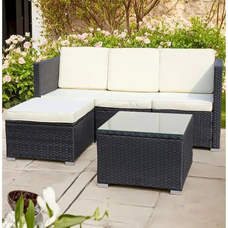 Ensemble de canapé d'angle d'extérieur en rotin synthétique 5 pièces avec table basse et coussins imperméables