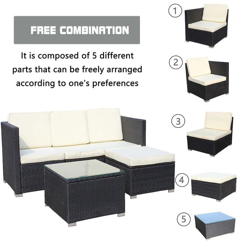 Ensemble de canapé d'angle d'extérieur en rotin synthétique 5 pièces avec table basse et coussins imperméables