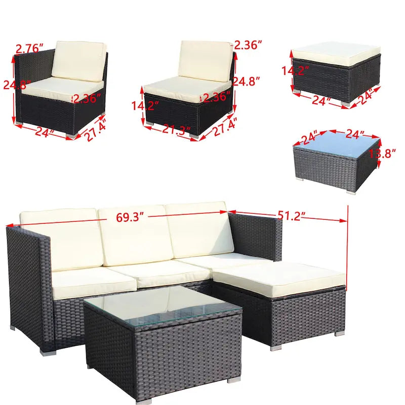 Ensemble de canapé d'angle d'extérieur en rotin synthétique 5 pièces avec table basse et coussins imperméables