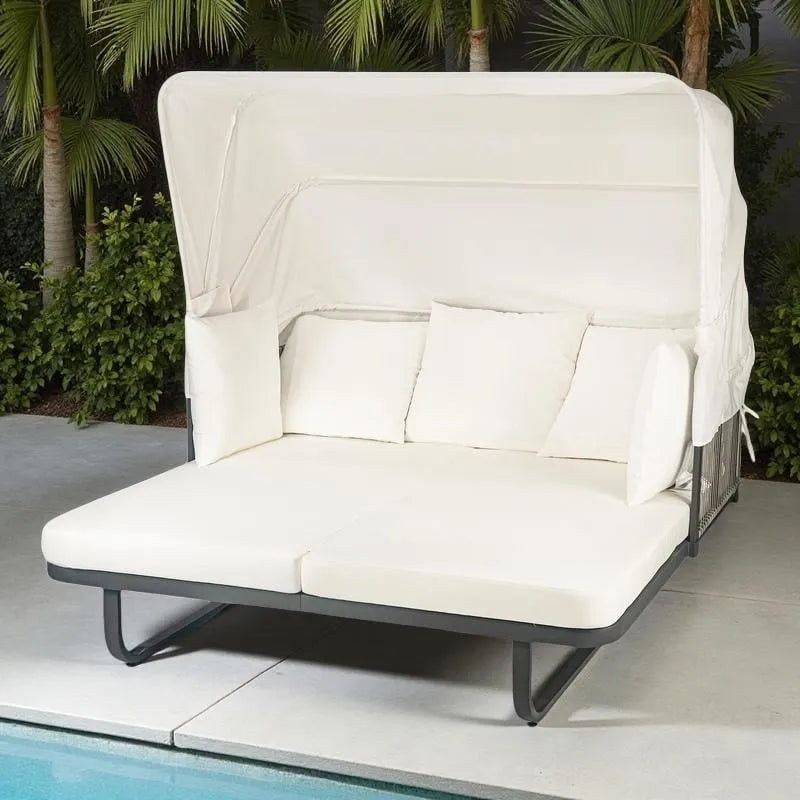 57 Outdoor Patio Rattan Daybed Sunbed with Retractable Canopy and Pillows