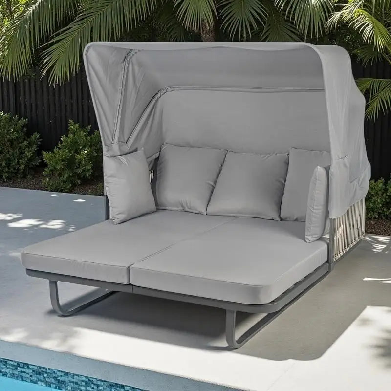 57 Outdoor Patio Rattan Daybed Sunbed with Retractable Canopy and Pillows