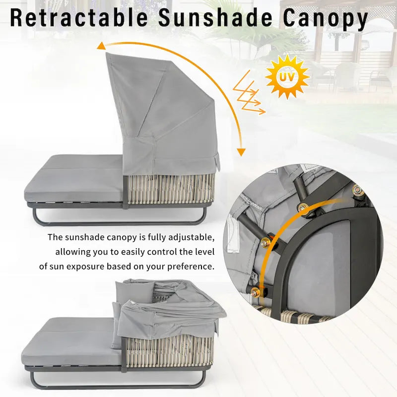 57 Outdoor Patio Rattan Daybed Sunbed with Retractable Canopy and Pillows
