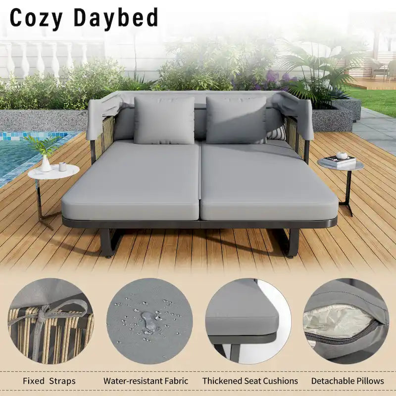 57 Outdoor Patio Rattan Daybed Sunbed with Retractable Canopy and Pillows