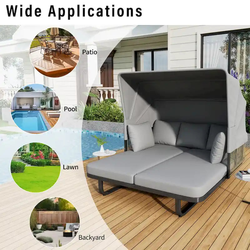 57 Outdoor Patio Rattan Daybed Sunbed with Retractable Canopy and Pillows