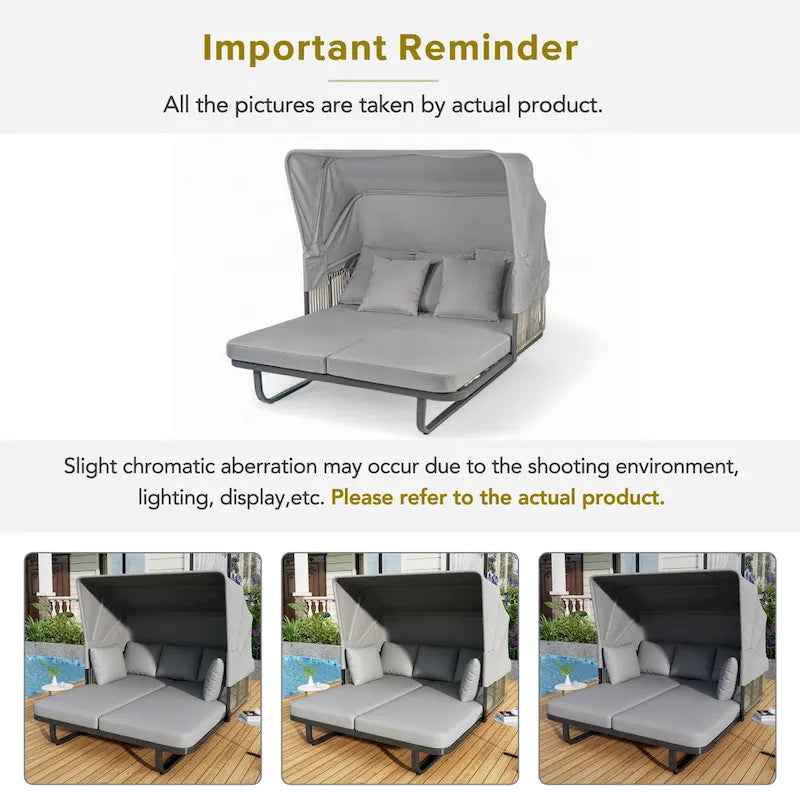 57 Outdoor Patio Rattan Daybed Sunbed with Retractable Canopy and Pillows