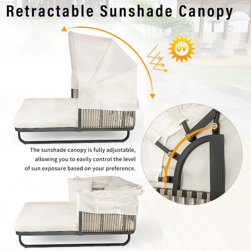 57 Outdoor Patio Rattan Daybed Sunbed with Retractable Canopy and Pillows
