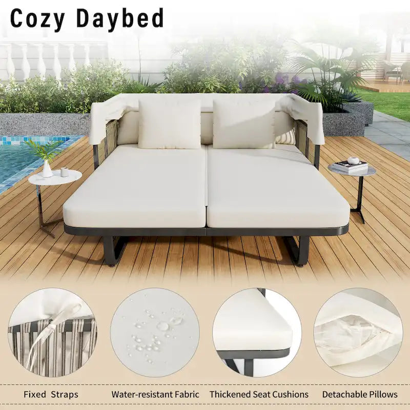 57 Outdoor Patio Rattan Daybed Sunbed with Retractable Canopy and Pillows