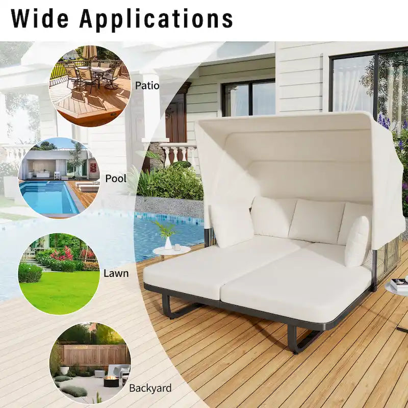 57 Outdoor Patio Rattan Daybed Sunbed with Retractable Canopy and Pillows