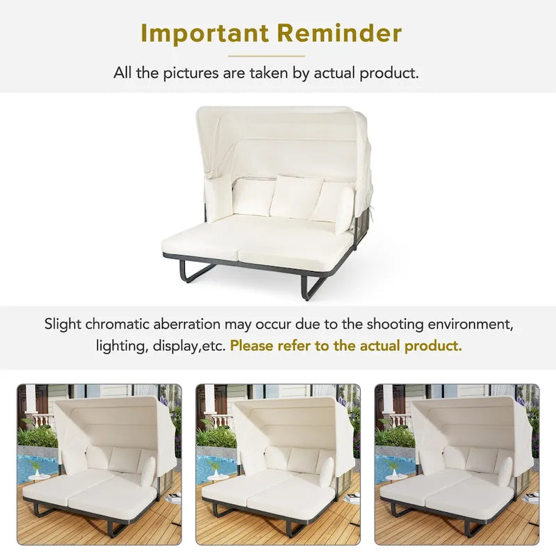 57 Outdoor Patio Rattan Daybed Sunbed with Retractable Canopy and Pillows