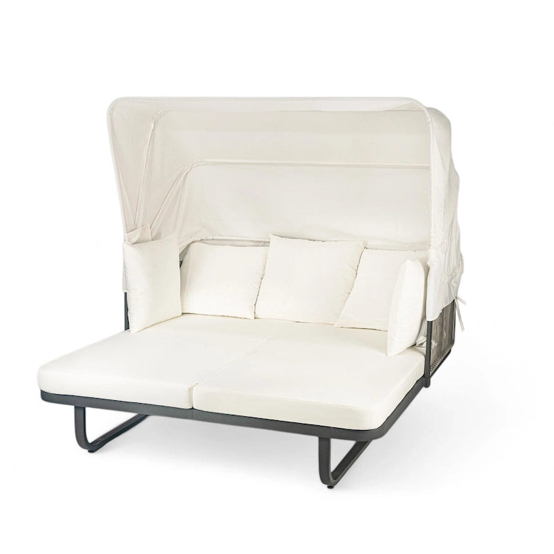 57 Outdoor Patio Rattan Daybed Sunbed with Retractable Canopy and Pillows