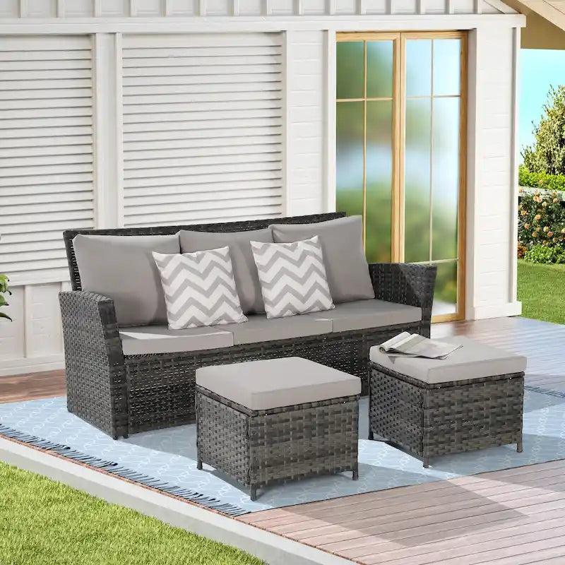 Ensemble de canapés de jardin 3 pièces avec ottomans, en osier toutes saisons