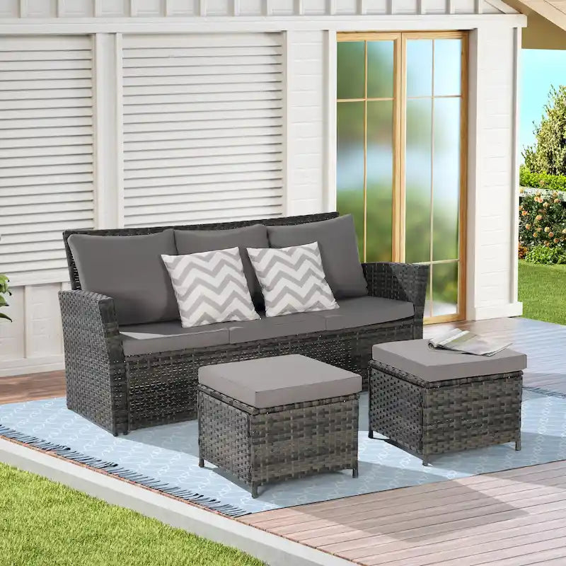 Ensemble de canapés de jardin 3 pièces avec ottomans, en osier toutes saisons