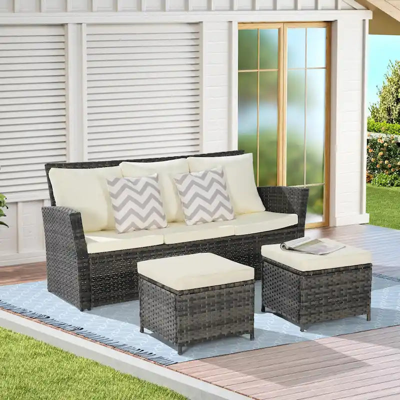 Ensemble de canapés de jardin 3 pièces avec ottomans, en osier toutes saisons