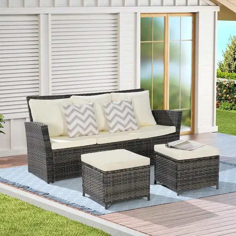 Ensemble de canapés de jardin 3 pièces avec ottomans, en osier toutes saisons