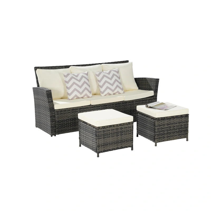 Ensemble de canapés de jardin 3 pièces avec ottomans, en osier toutes saisons