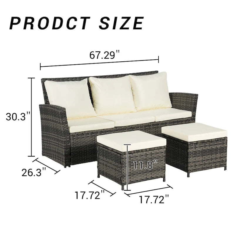Ensemble de canapés de jardin 3 pièces avec ottomans, en osier toutes saisons