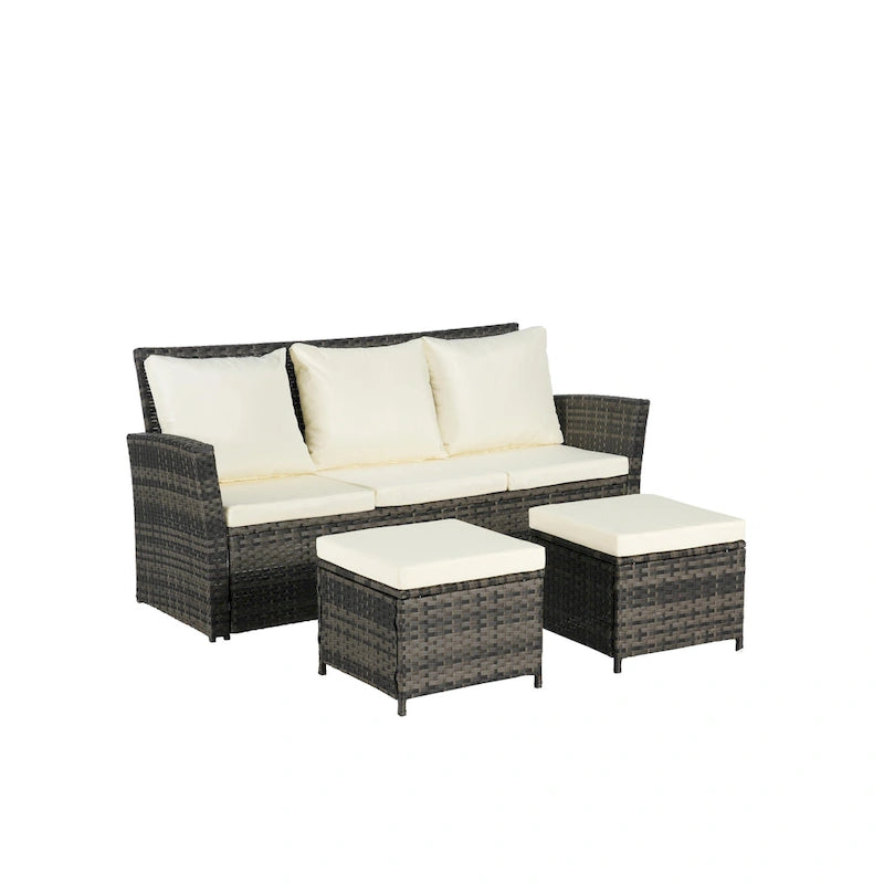 Ensemble de canapés de jardin 3 pièces avec ottomans, en osier toutes saisons
