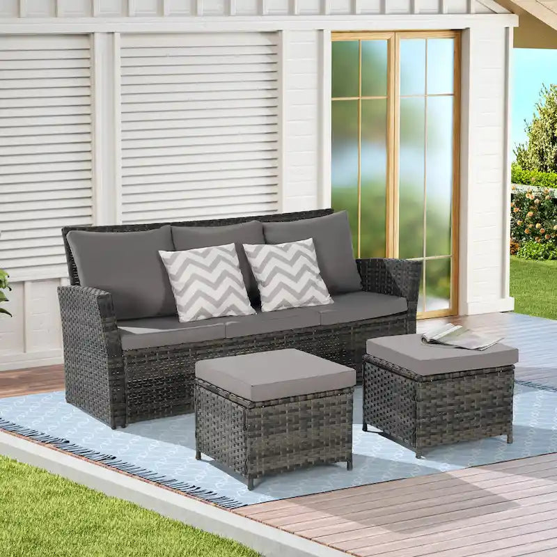 Ensemble de canapés de jardin 3 pièces avec ottomans, en osier toutes saisons