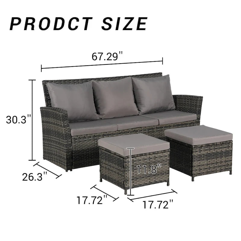 Ensemble de canapés de jardin 3 pièces avec ottomans, en osier toutes saisons