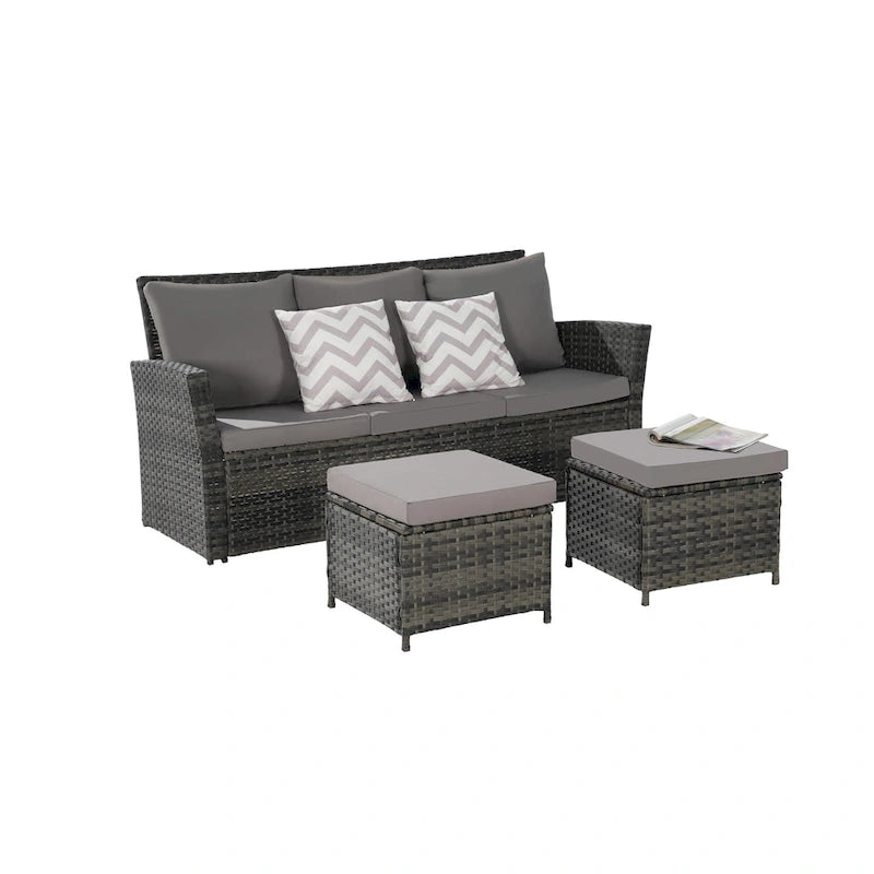 Ensemble de canapés de jardin 3 pièces avec ottomans, en osier toutes saisons