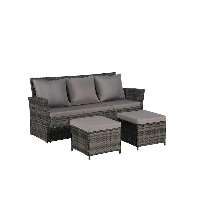 Ensemble de canapés de jardin 3 pièces avec ottomans, en osier toutes saisons