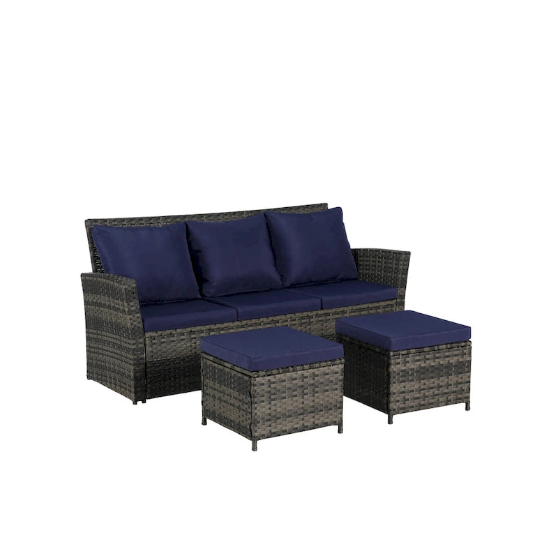 Ensemble de canapés de jardin 3 pièces avec ottomans, en osier toutes saisons