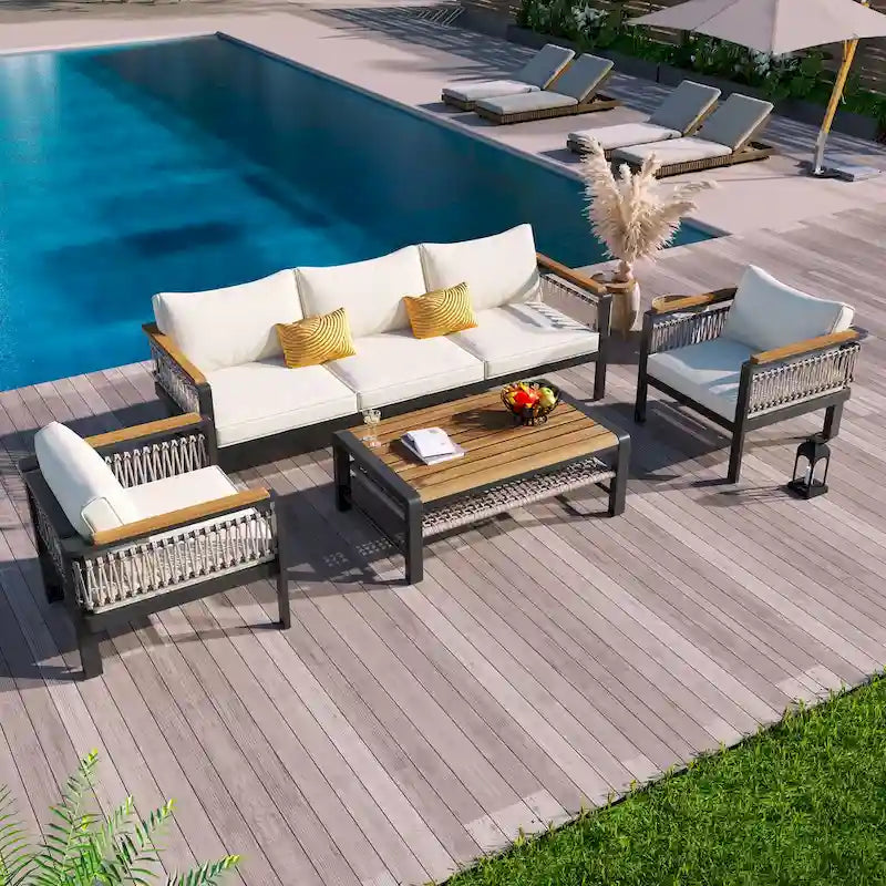 Ensemble de canapé d'angle d'extérieur 4 pièces avec coussins résistants à l'eau