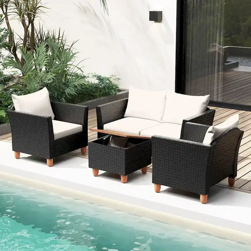 Gymax Ensemble de 4 fauteuils de conversation d'extérieur avec coussins de terrasse
