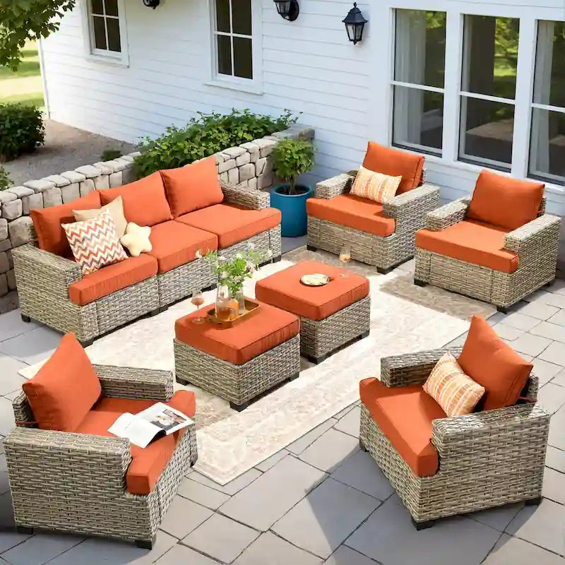 Ensemble de mobilier de patio 9 pièces XIZZI avec chaises en osier d'extérieur