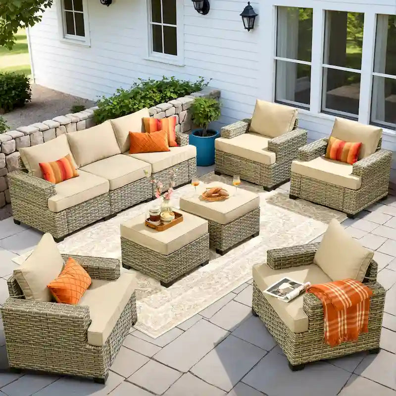 Ensemble de mobilier de patio 9 pièces XIZZI avec chaises en osier d'extérieur