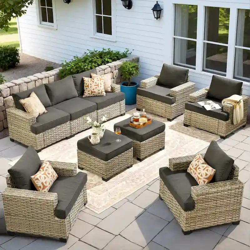 Ensemble de mobilier de patio 9 pièces XIZZI avec chaises en osier d'extérieur