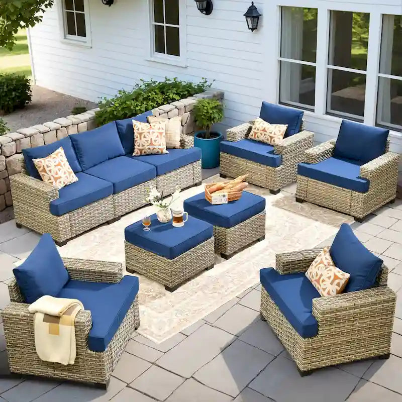 Ensemble de mobilier de patio 9 pièces XIZZI avec chaises en osier d'extérieur