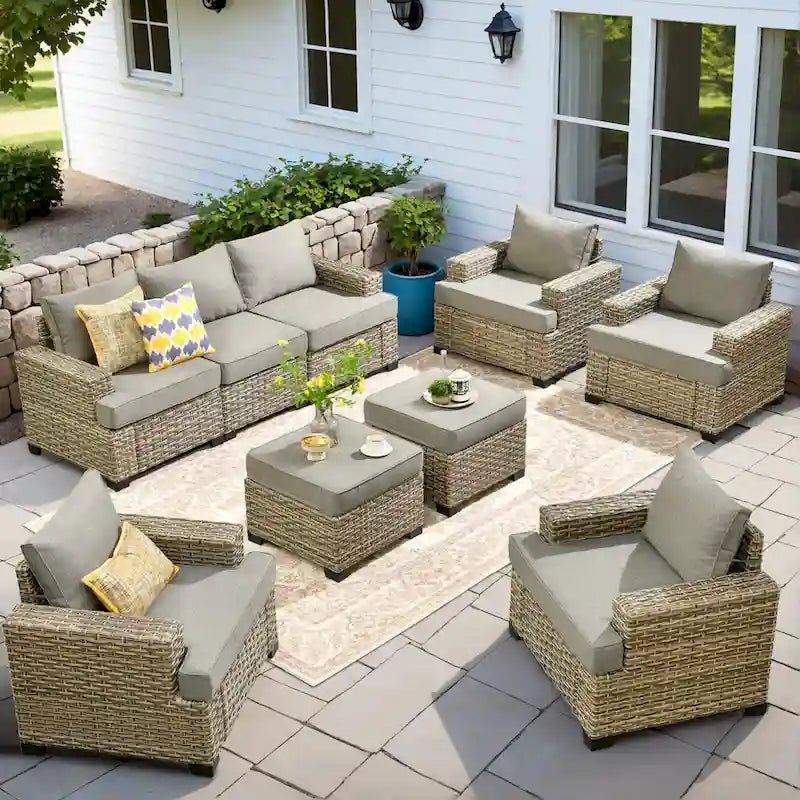 Ensemble de mobilier de patio 9 pièces XIZZI avec chaises en osier d'extérieur