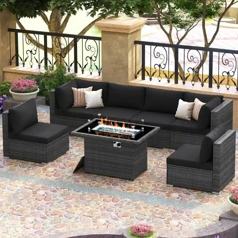 FINCATI Ensemble de patio sectionnel d'extérieur en osier 7 pièces à dossier haut avec table foyer de 43 po, ensemble de conversation de luxe surdimensionné de 500 lb