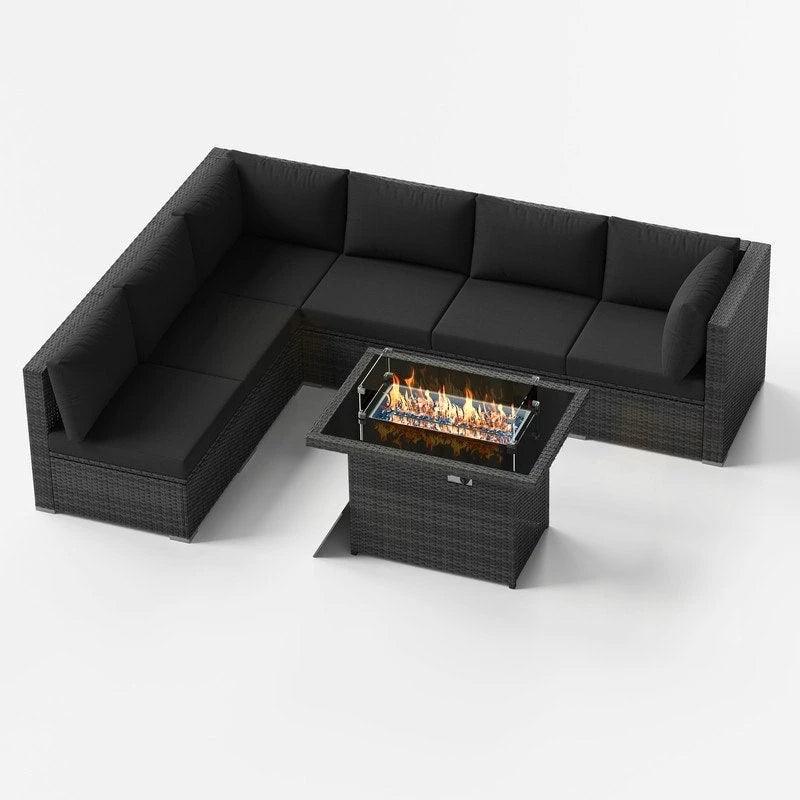 FINCATI Ensemble de patio sectionnel d'extérieur en osier 7 pièces à dossier haut avec table foyer de 43 po, ensemble de conversation de luxe surdimensionné de 500 lb