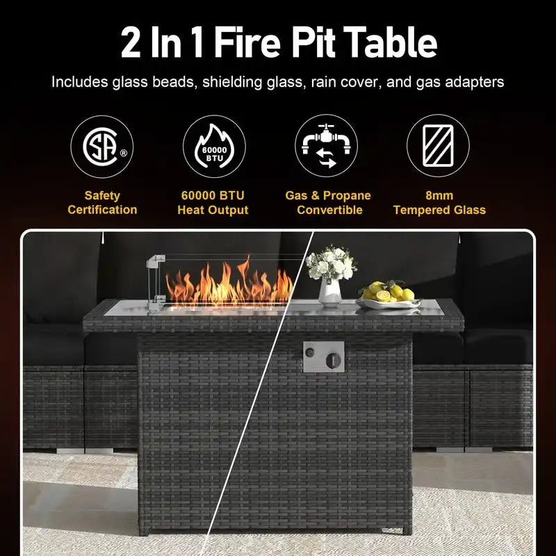 FINCATI Ensemble de patio sectionnel d'extérieur en osier 7 pièces à dossier haut avec table foyer de 43 po, ensemble de conversation de luxe surdimensionné de 500 lb