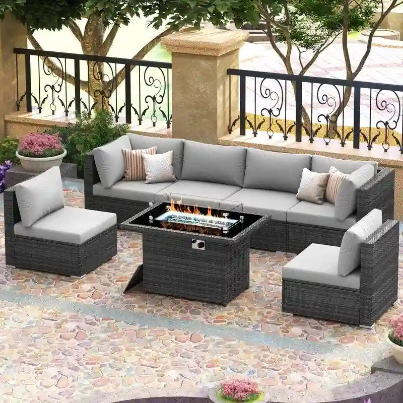 FINCATI Ensemble de patio sectionnel d'extérieur en osier 7 pièces à dossier haut avec table foyer de 43 po, ensemble de conversation de luxe surdimensionné de 500 lb