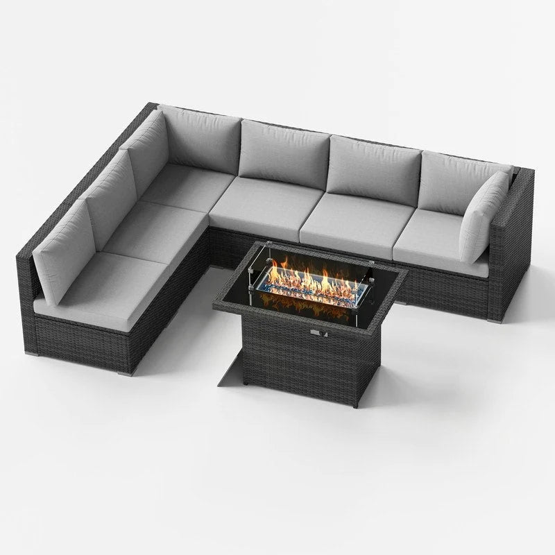 FINCATI Ensemble de patio sectionnel d'extérieur en osier 7 pièces à dossier haut avec table foyer de 43 po, ensemble de conversation de luxe surdimensionné de 500 lb