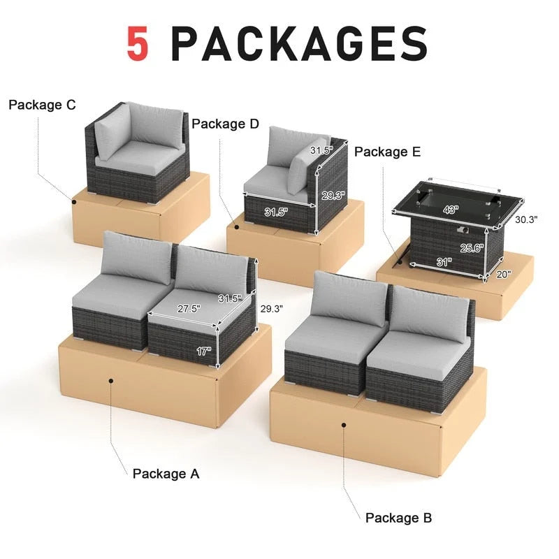 FINCATI Ensemble de patio sectionnel d'extérieur en osier 7 pièces à dossier haut avec table foyer de 43 po, ensemble de conversation de luxe surdimensionné de 500 lb