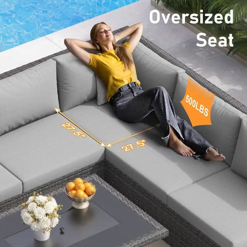 FINCATI Ensemble de patio sectionnel d'extérieur en osier 7 pièces à dossier haut avec table foyer de 43 po, ensemble de conversation de luxe surdimensionné de 500 lb